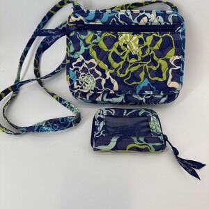 Vera Bradley Small Zip Blue Green Floral Crossbody Adjustable Strap Shoulder Bag